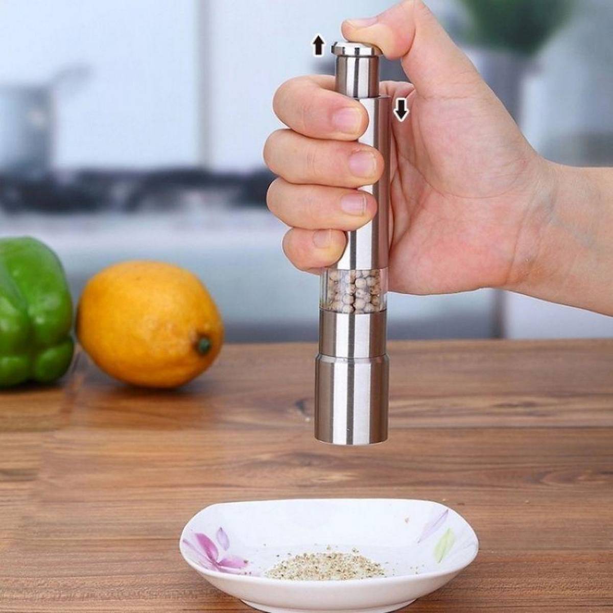 Stainless Steel Pepper Grinder & Salt Shaker - Push Button Mill