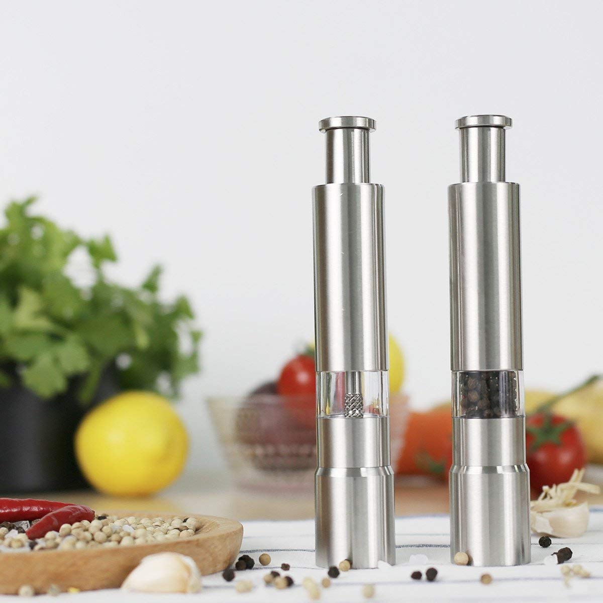 Stainless Steel Pepper Grinder & Salt Shaker - Push Button Mill