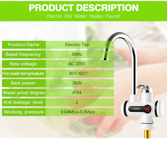 instant Electric Hot Water Tap - 3000W Digital Display Faucet for Kitchen & Bathroom [Free Delivery]