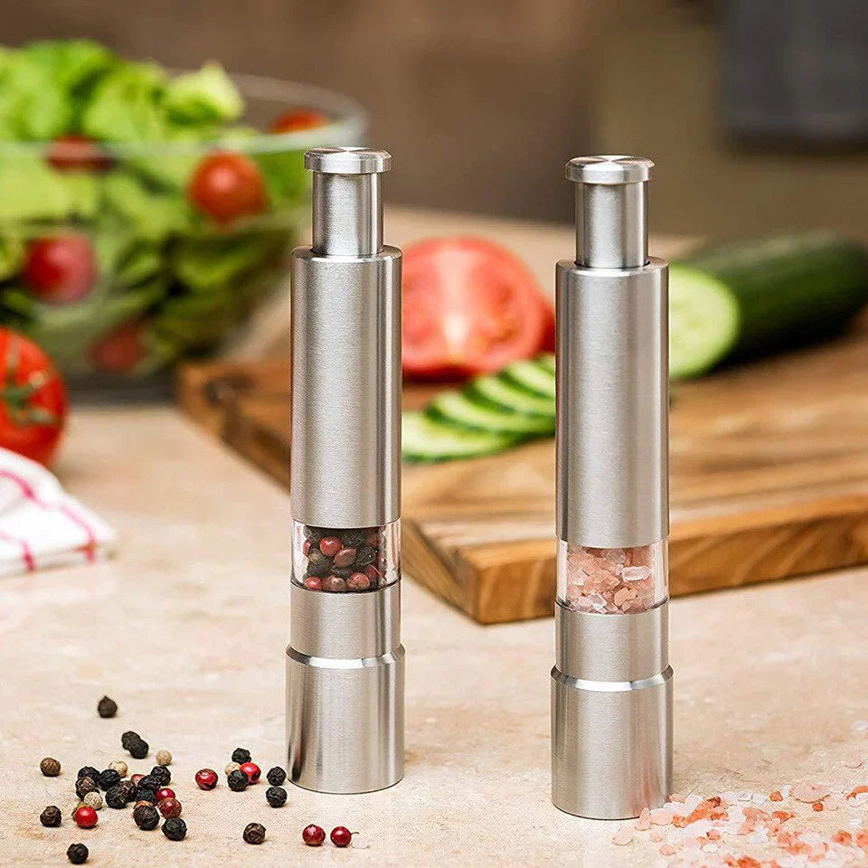 Stainless Steel Pepper Grinder & Salt Shaker - Push Button Mill